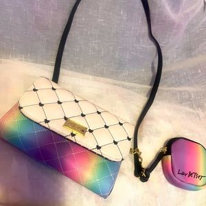 Betsey Johnson Embroidered Heart Rainbow ombré crossbody with pouch